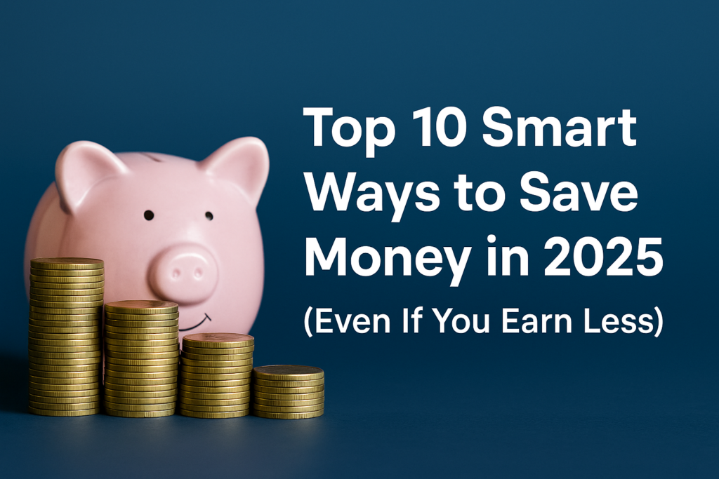 Piggy bank with stacked coins and title text "Top 10 Smart Ways to Save Money in 2025"