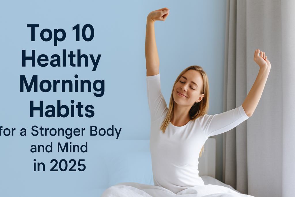Woman stretching peacefully in bed with the title “Top 10 Healthy Morning Habits for 2025