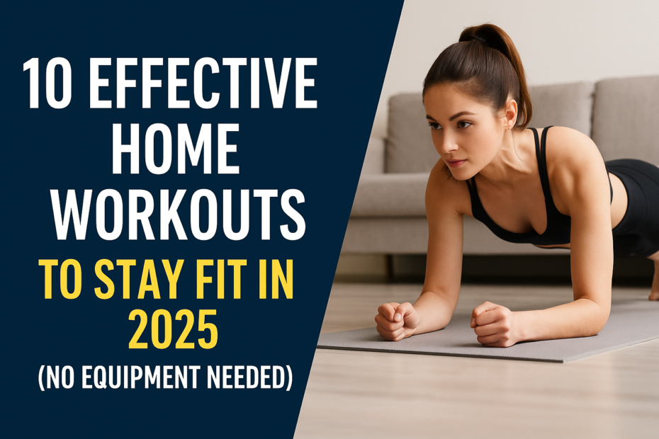 Woman doing plank during home workout with title “10 Effective Home Workouts to Stay Fit in 2025