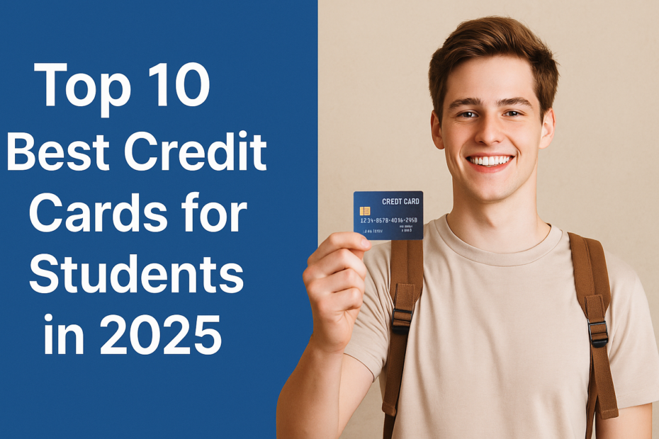 Happy student holding a blue credit card with title “Top 10 Best Credit Cards for Students in 2025