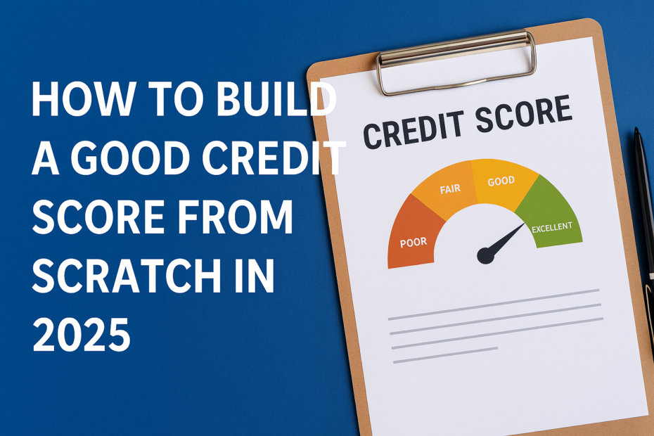 Credit score gauge showing good range with guide title “How to Build a Good Credit Score from Scratch in 2025