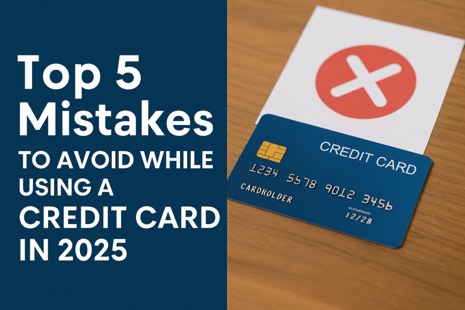 Credit card with red cross symbol and guide title “Top 5 Mistakes to Avoid While Using a Credit Card in 2025