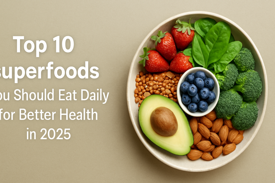 Colorful bowl of superfoods like blueberries, spinach, avocado, and almonds with guide title